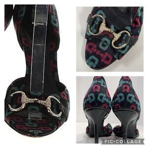 Authentic GUCCI Canvas D'orsay Horsebit Lizard Swarovski Crystal Pumps Heels 9.5